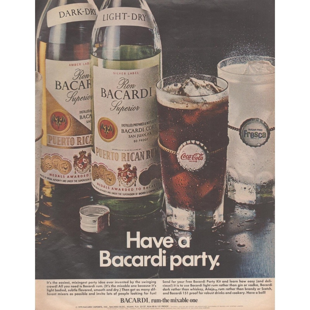 1971 Vintage Print Ad Bacardi Rum Have a Bacardi Party Coca Cola Fresca Bar Deco
